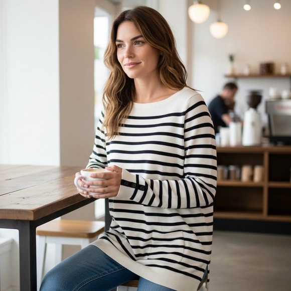 LOFT Sweaters - LOFT Cream and Black Striped Knit Top